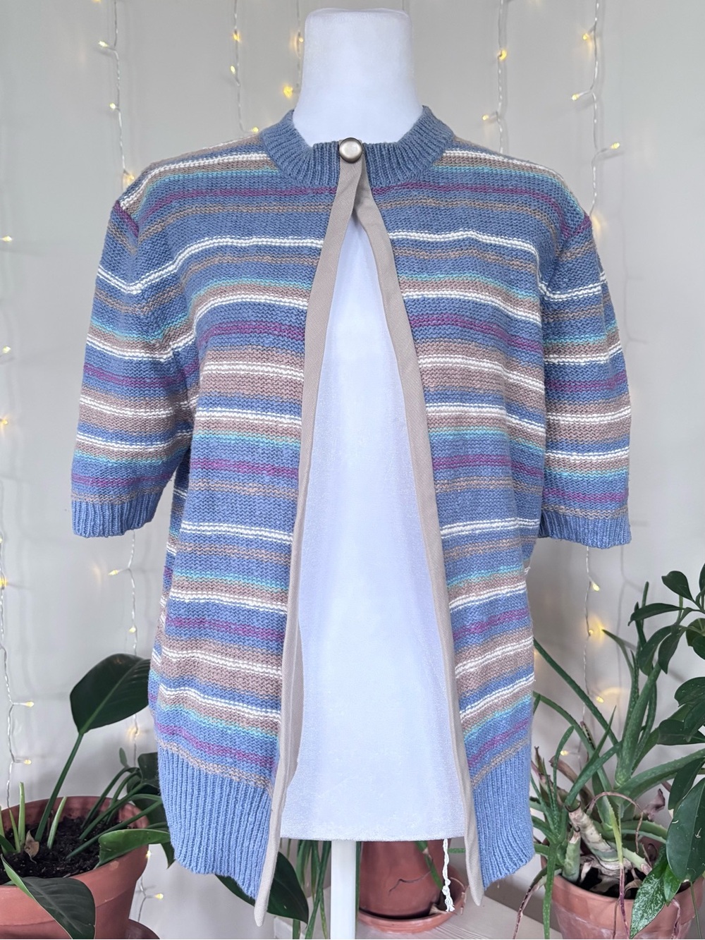 erin london Blue Multi-Stripe Short Sleeve Knit Cardigan